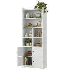 Tall Bookshelf with Doors & Storage – 74.6" White