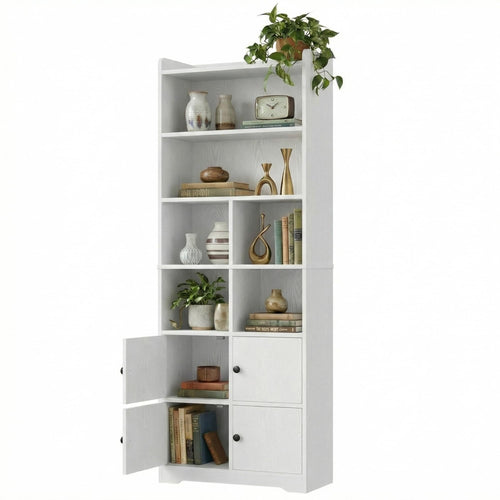 Tall Bookshelf with Doors & Storage – 74.6" White