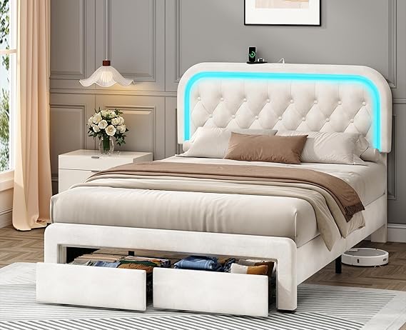 Queen Upholstered Bed Frame with LED Lights & Storage Drawers