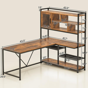 L-Shaped Computer Desk with LED Light and Bookshelf