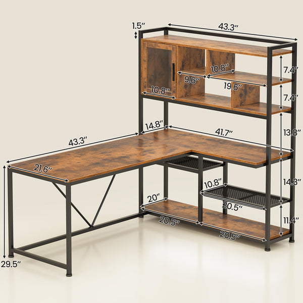 L-Shaped Computer Desk with LED Light and Bookshelf