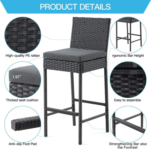 Outdoor Wicker Bar Stools Set of 4 with Cushion