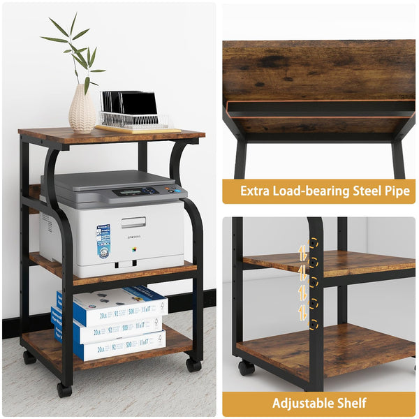 3-Tier Rolling Printer Stand with Adjustable Shelf and Power Outlets