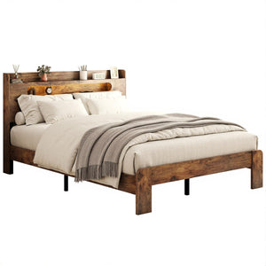 Queen Platform Bed Frame with Storage Headboard, LED Lights & Charging Station, Dark Brown
