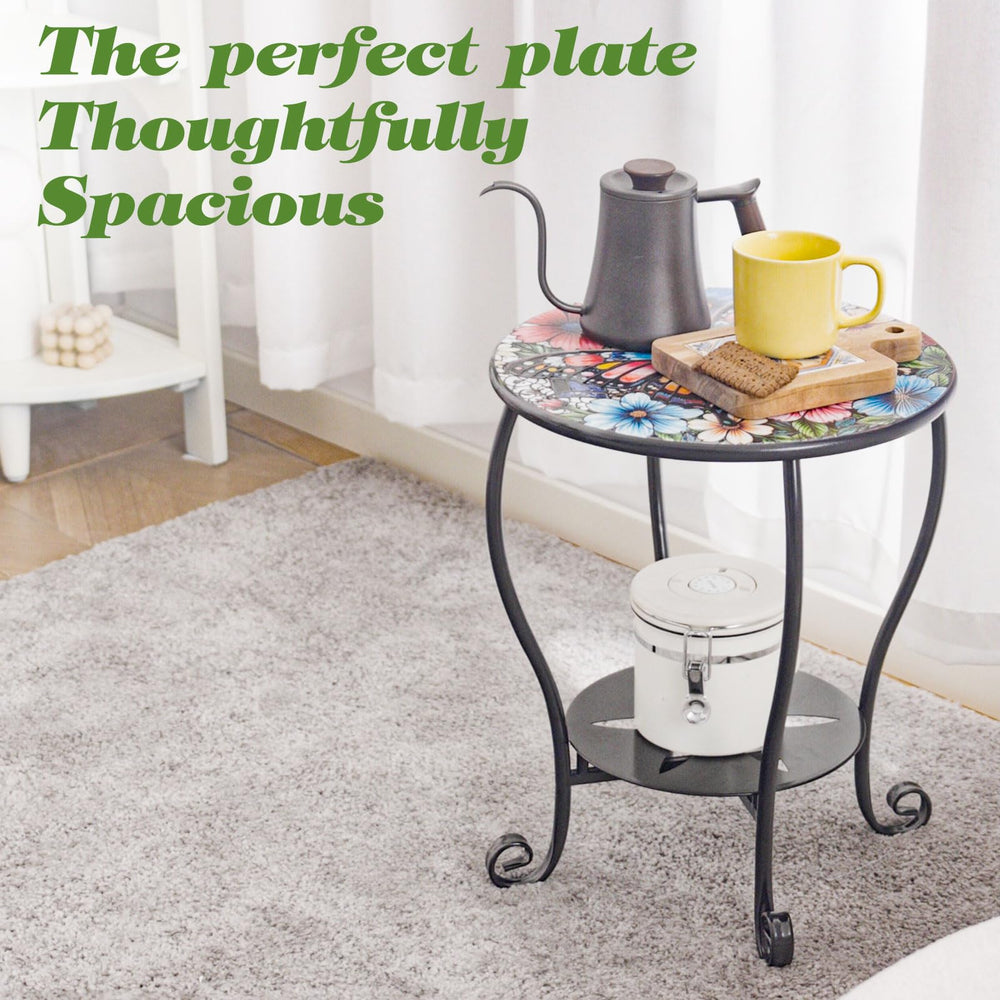 Mosaic Round Side Table – Metal, Two-Tier, Indoor & Outdoor