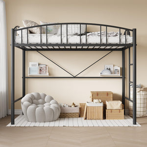 Twin Metal Loft Bed Frame with Guardrail and Safety Ladder