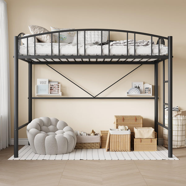 Twin Metal Loft Bed Frame with Guardrail and Safety Ladder