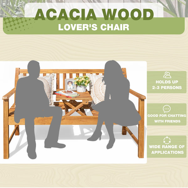 2-Person Acacia Wood Outdoor Bench with Foldable Table