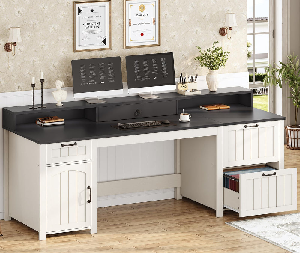 63-Inch Farmhouse Executive Desk with File Drawers, Monitor Stand & Storage Cabinet