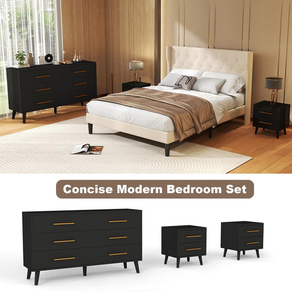 6-Drawer Dresser & 2-Drawer Nightstands Set – 3-Piece Bedroom Set, Black