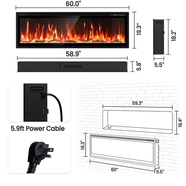 60" Smart Electric Fireplace – Wall Mount or Recessed, App & Voice Control