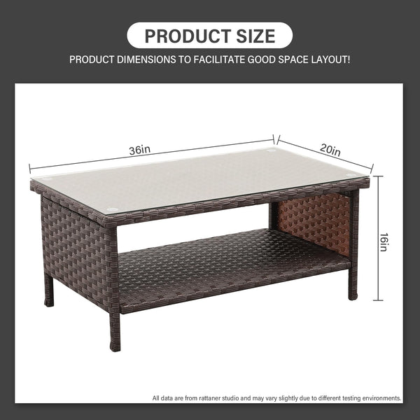 Outdoor Wicker Patio Coffee Table with 2-Layer Storage and Glass Top