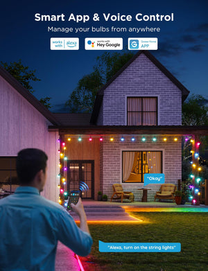 Smart Outdoor String Lights RGBICW LED Bulbs – App & Voice Control