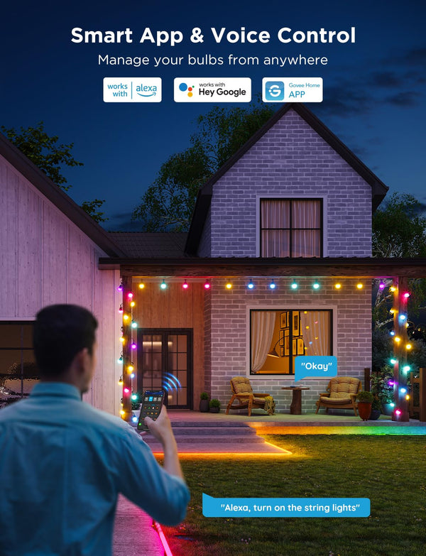 Smart Outdoor String Lights RGBICW LED Bulbs – App & Voice Control