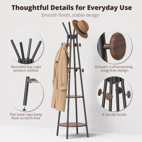 Freestanding Coat Rack with Motion Sensor Light, 3 Shelves & 12 Hooks