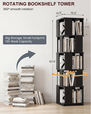 5-Tier Rotating Bookshelf with 360° Swivel Base