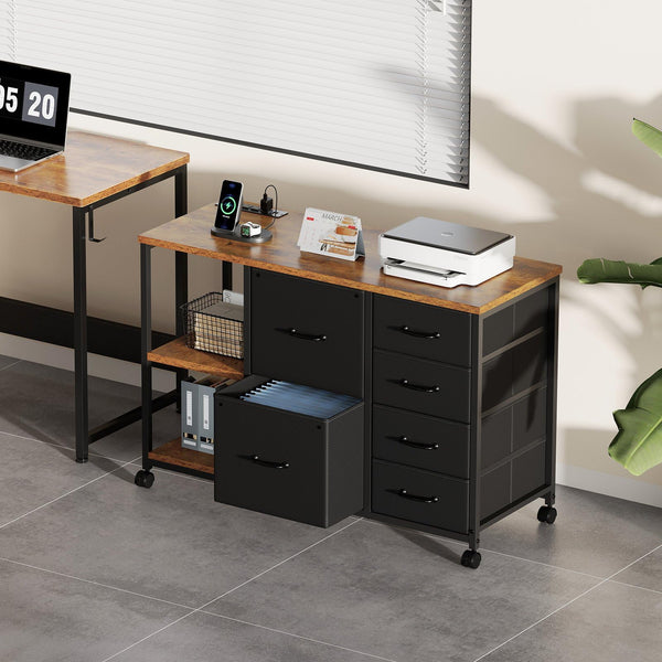6-Drawer File Cabinet with Charging Station & Printer Stand