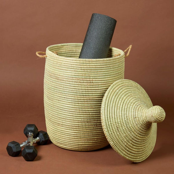 Handwoven Wicker Storage Basket with Removable Lid & Rope Handles