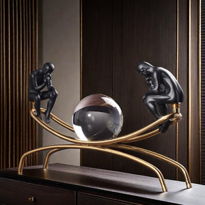 Thinker Thinking Man Statue with Crystal Ball Sculpture
