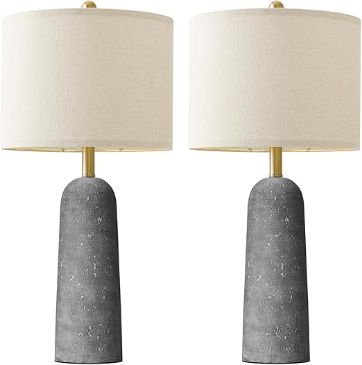 Travertine-Look Resin Table Lamp Set of 2 with Linen Shade