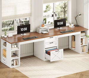 96.5" Two Person Desk with Drawers & Storage Shelves