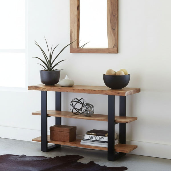 48-Inch 3-Tier Live Edge Console Table with Metal Frame