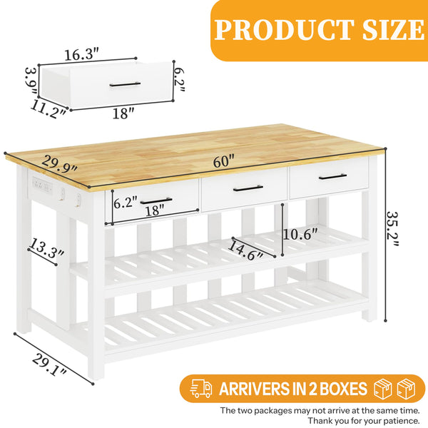 Kitchen Island with Power Outlets & Rubberwood Top