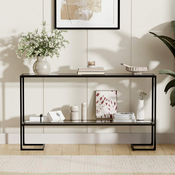 52" 2-Tier Console Table with Tempered Glass Shelves & Metal Frame