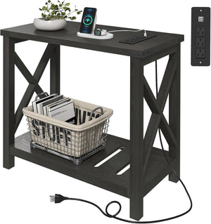 Farmhouse End Tables Set of 2 with Charging Station & Storage Shelf