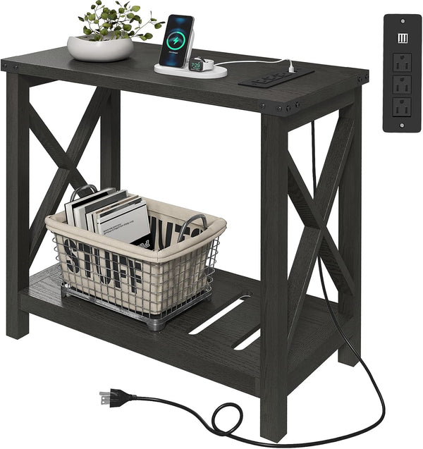 Farmhouse End Tables Set of 2 with Charging Station & Storage Shelf