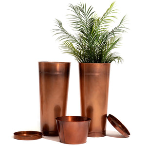Tall Copper Metal Planters Set of 2 with Inner Pots and Trays