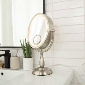 Oval LED Lighted Makeup Mirror with 10X, 1X & 15X Magnification – Nickel Finish