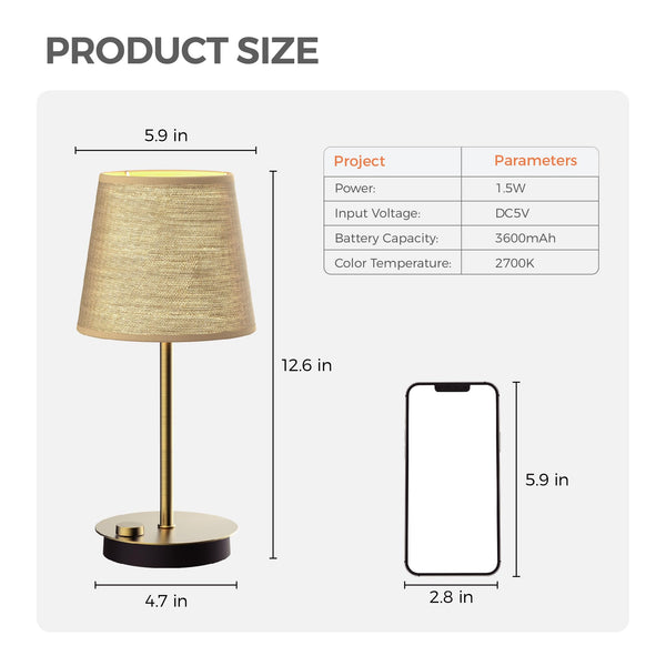 MEORA Rechargeable Cordless Table Lamp, 2 Pack Brass 3600mAh Battery Operated Lamp, 2700K Warm Light, Stepless Dimming for Bedroom, Dining Room, Living Room