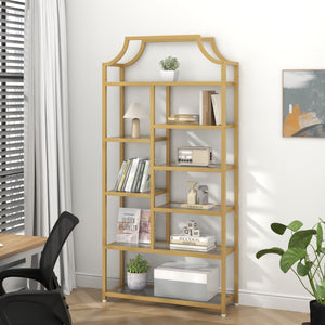 8-Shelf Tempered Glass Etagere Bookcase – Gold