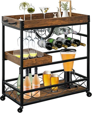 Rolling Kitchen Bar Cart with Wine Rack & Removable Trays