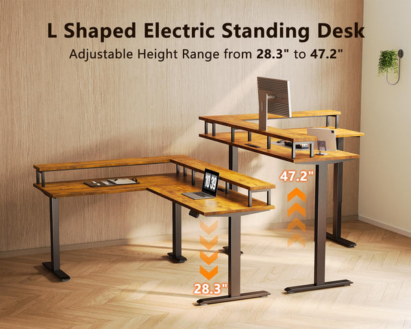 L-Shaped Electric Standing Desk 59 Inch with Monitor Shelf & Power Outlets