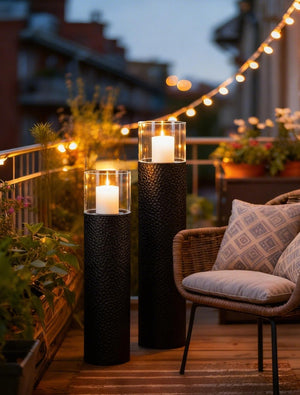 Tall Floor Candle Holders Set of 2 – Black Metal Hurricane Pillar Stands