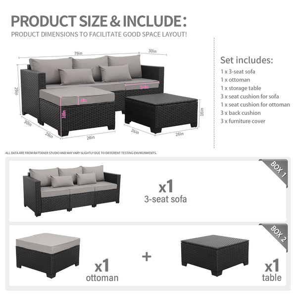 3-Piece Outdoor Wicker Patio Sectional Set with Ottoman & Storage Table