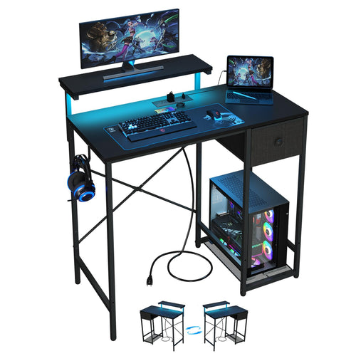 33.5" Gaming Desk with LED Lights, Power Outlets & Monitor Stand
