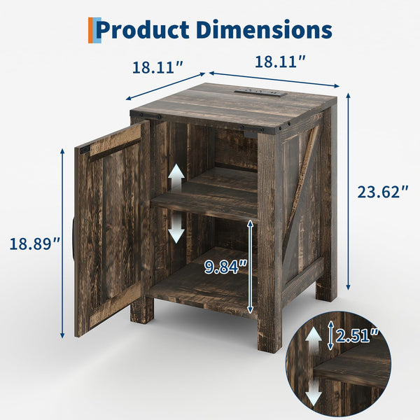 Farmhouse Nightstand with Charging Station & Sliding Barn Door