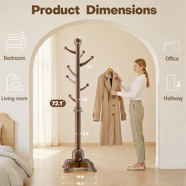Freestanding Wooden Coat Rack with 7 Hooks – 72" Hall Tree Stand