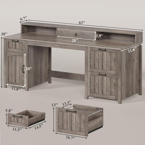 63" Farmhouse Executive Desk with Drawers, Storage Cabinet & Monitor Stand