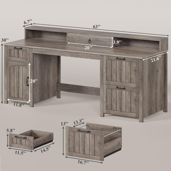 63" Farmhouse Executive Desk with Drawers, Storage Cabinet & Monitor Stand