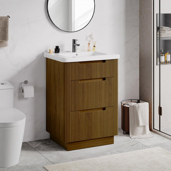24" Fluted Bathroom Vanity with Integrated Ceramic Sink & 3 Drawers