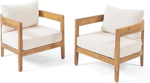 Acacia Wood Outdoor Club Chair Set of 2 with Water-Resistant Cushions