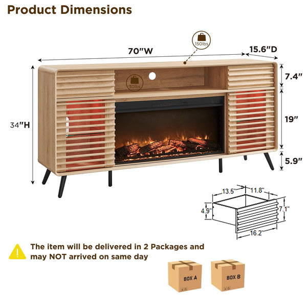 70" Fireplace TV Stand with 36" Electric Fireplace & Slatted Sliding Doors