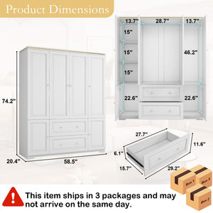 White Wardrobe Armoire with 4 Doors, Hanging Rod & 2 Drawers