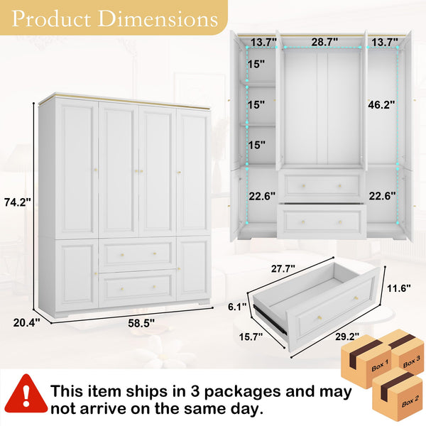 White Wardrobe Armoire with 4 Doors, Hanging Rod & 2 Drawers