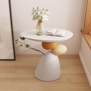 Oval Resin Pedestal Accent Side Table in White & Gray