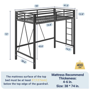 Twin Size Metal Loft Bed with Guardrail & Movable Ladder